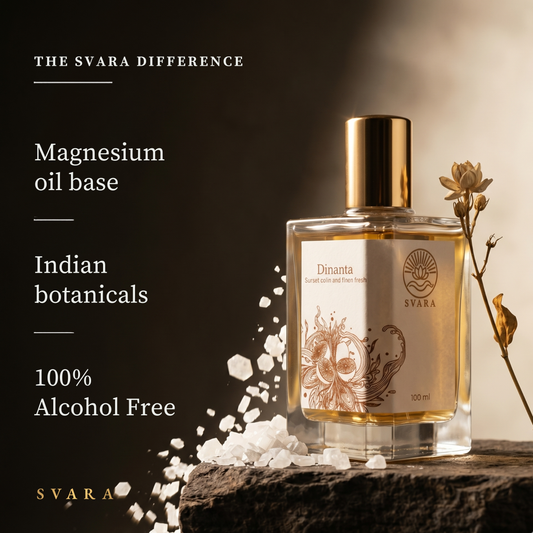 Svara Dinanta 100ml — magnesium oil base, Indian botanicals, 100% alcohol free citrus musk perfume with bergamot and vetiver, The Svara Difference, wellness fragrance India