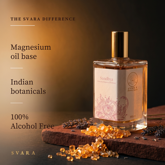Svara Sandhya — magnesium oil base, Indian botanicals, 100% alcohol free floral citrus perfume with bergamot lavender and tonka, The Svara Difference, India