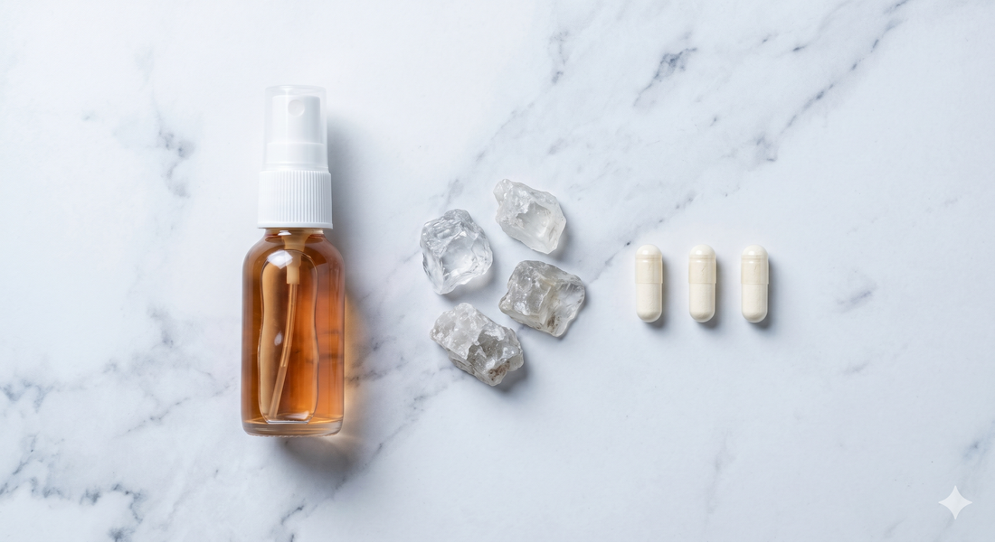 Magnesium oil spray bottle beside magnesium supplement capsules on white marble, transdermal vs oral India