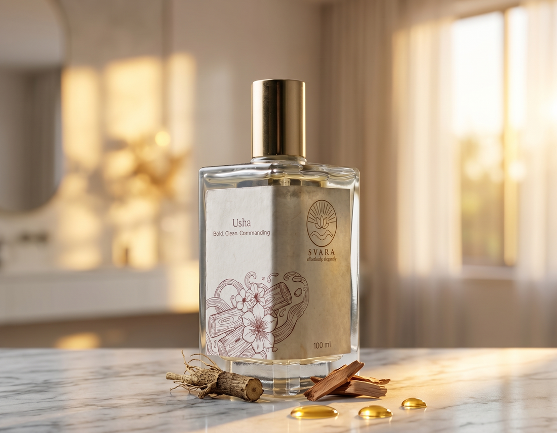 Svara alcohol-free oil-based perfume bottle on marble with botanicals, clean beauty fragrance India