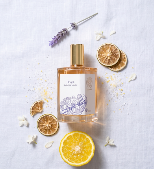Svara fragrance spray bottle with bergamot and lavender in calming golden light, perfume stress relief India