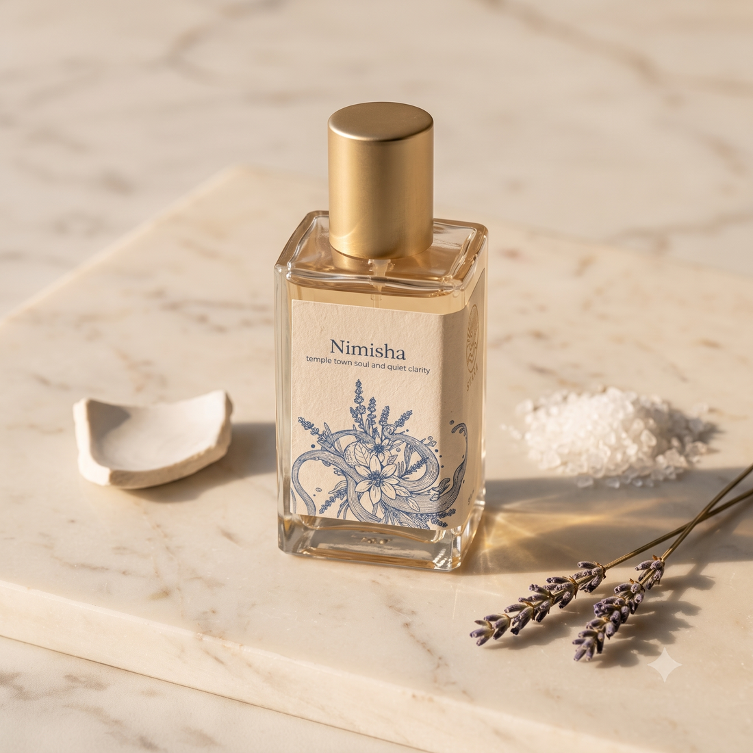 Svara fragrance bottle on cream marble with botanicals, long lasting perfume sensitive skin India