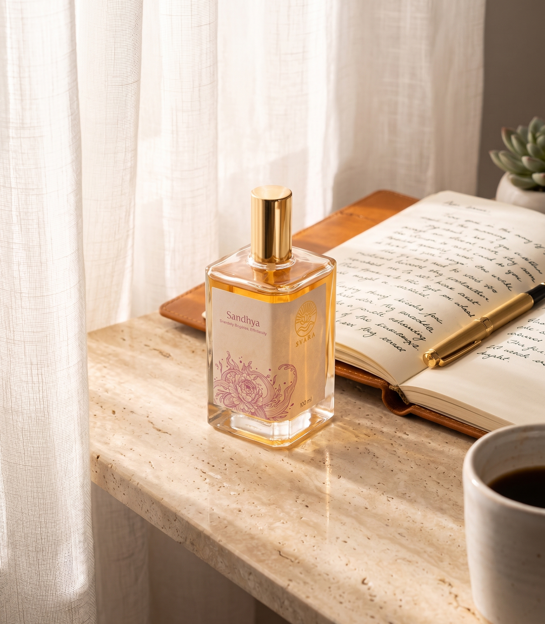 Svara magnesium oil spray on calm morning desk with journal, stress relief product India anxiety