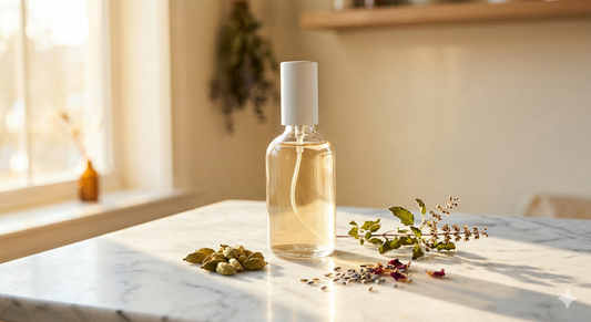 Svara magnesium oil spray bottle on a marble surface with golden hour light, India functional fragrance