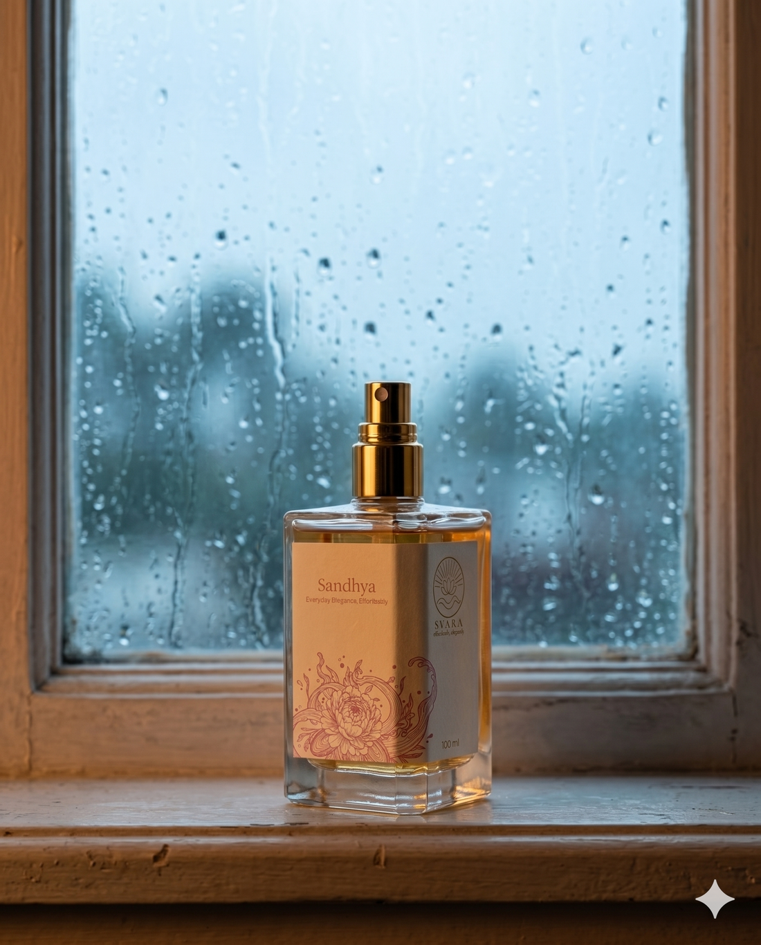 Svara fragrance bottle on window sill with rain drops on glass monsoon India wellness ritual