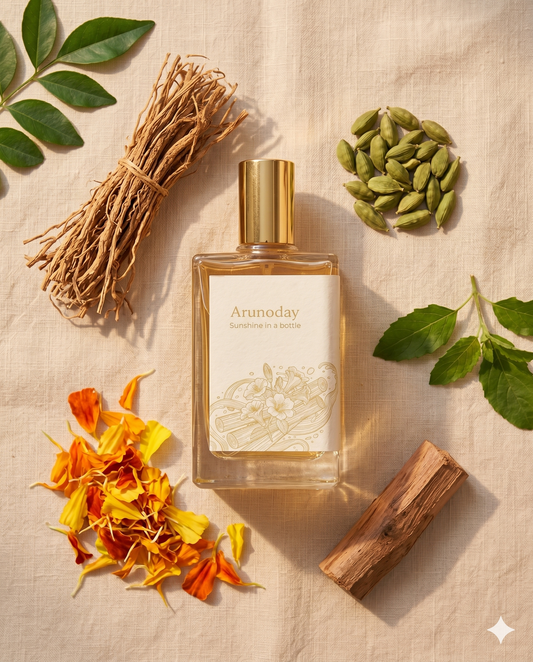 Svara natural perfume bottle with Indian botanical ingredients vetiver cardamom tulsi, clean beauty India