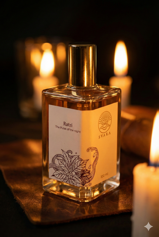 Svara sleep fragrance on bedside table with candle and linen in dim warm light, night routine India urban