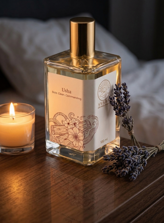 Svara sleep perfume spray bottle on bedside table with lavender and candlelight, night routine India