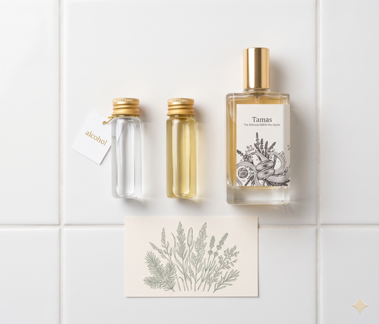 Svara oil-based perfume bottle beside conventional EDP on marble surface, oil based perfume India comparison