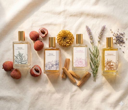 Flat lay comparing single note attar ingredient and multi note modern perfume composition India