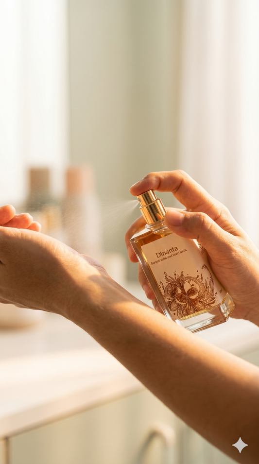 Woman applying Svara magnesium-infused perfume to her wrist in soft morning light
