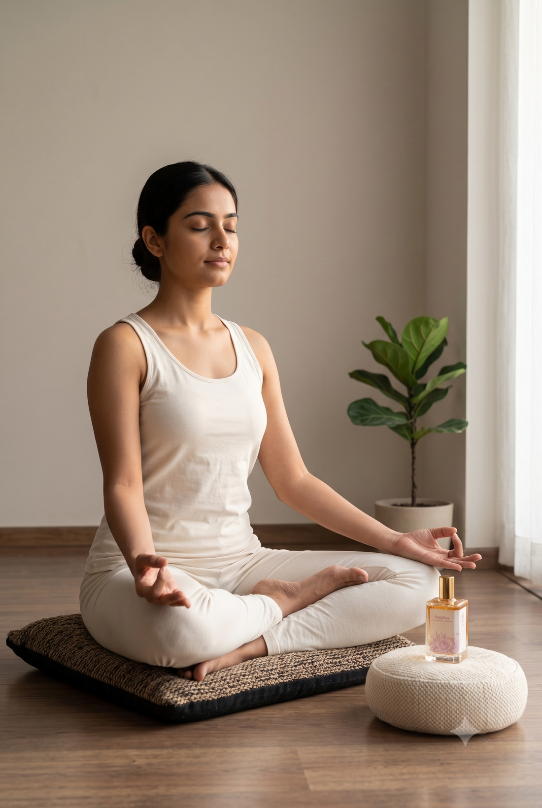 Person seated in meditation with Svara perfume bottle nearby on a cushion