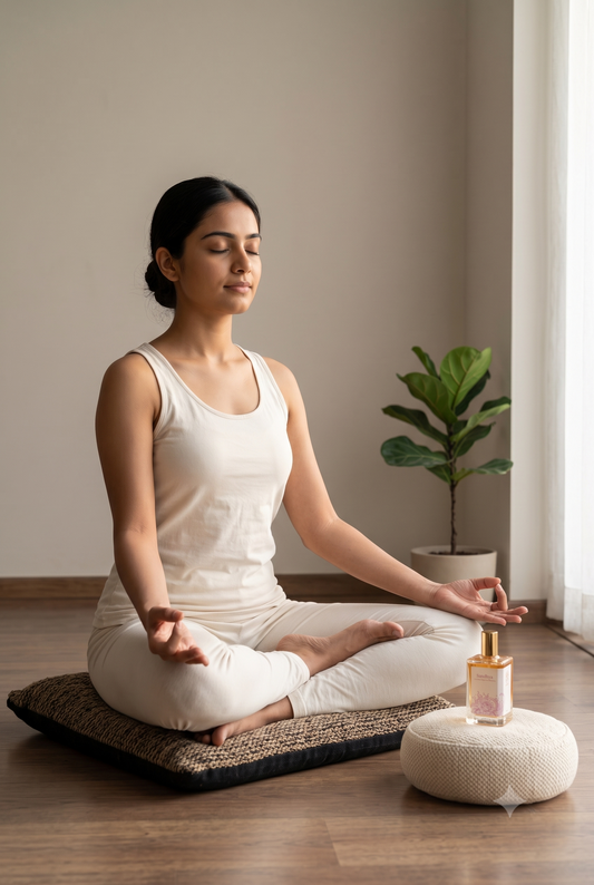 Person seated in meditation with Svara perfume bottle nearby on a cushion