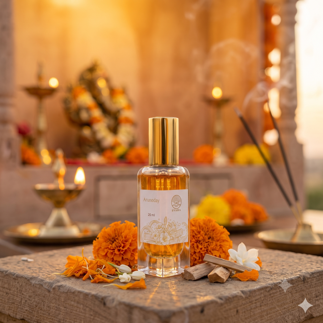 Svara Arunodya perfume bottle near a decorated Ganesh idol during Ganesh Chaturthi
