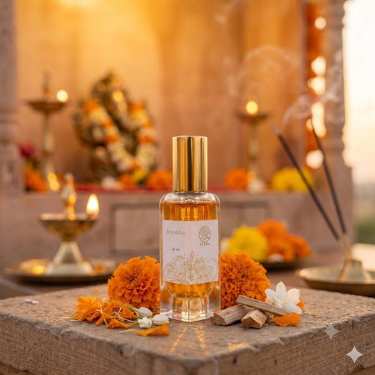 Svara Arunodya perfume bottle near a decorated Ganesh idol during Ganesh Chaturthi