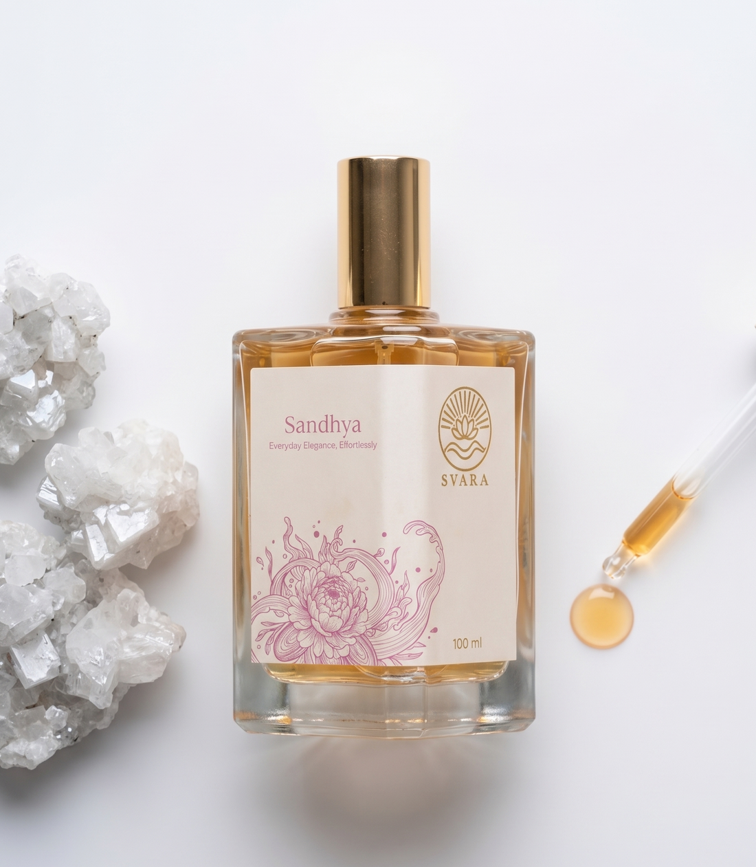 Svara clean beauty fragrance bottle on white marble with botanical ingredients, chemical free perfume India