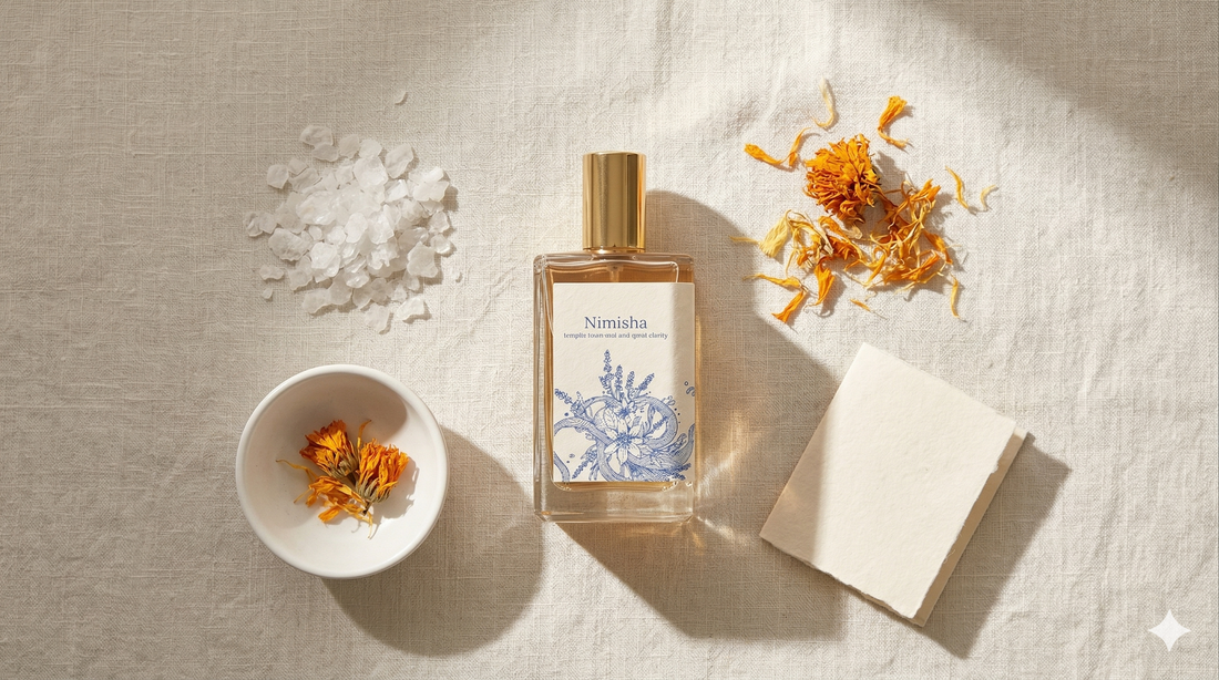 Svara fragrance morning ritual on marble vanity with golden hour light, self-care perfume India