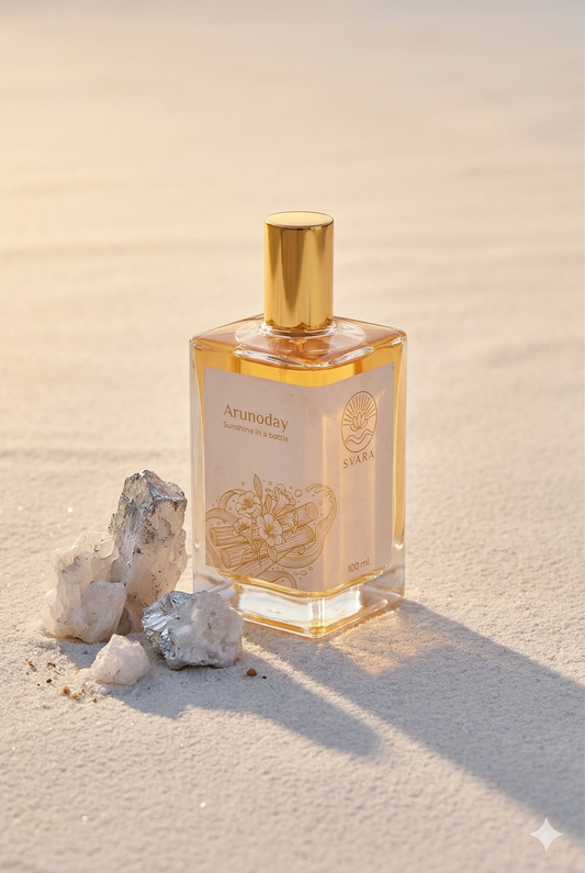 Svara functional fragrance bottle in golden morning light with magnesium crystal elements, wellness India