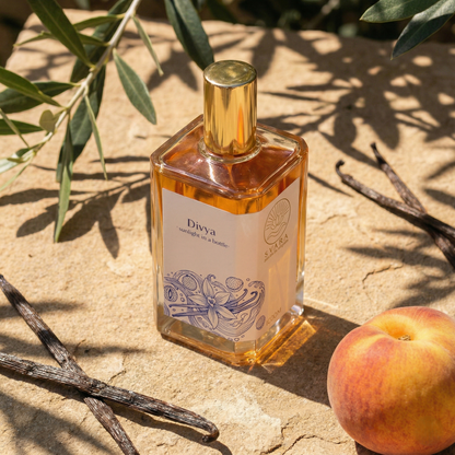 Divya natural perfume India – lychee peach vanilla and white peony fresh sweet Indian botanical fragrance