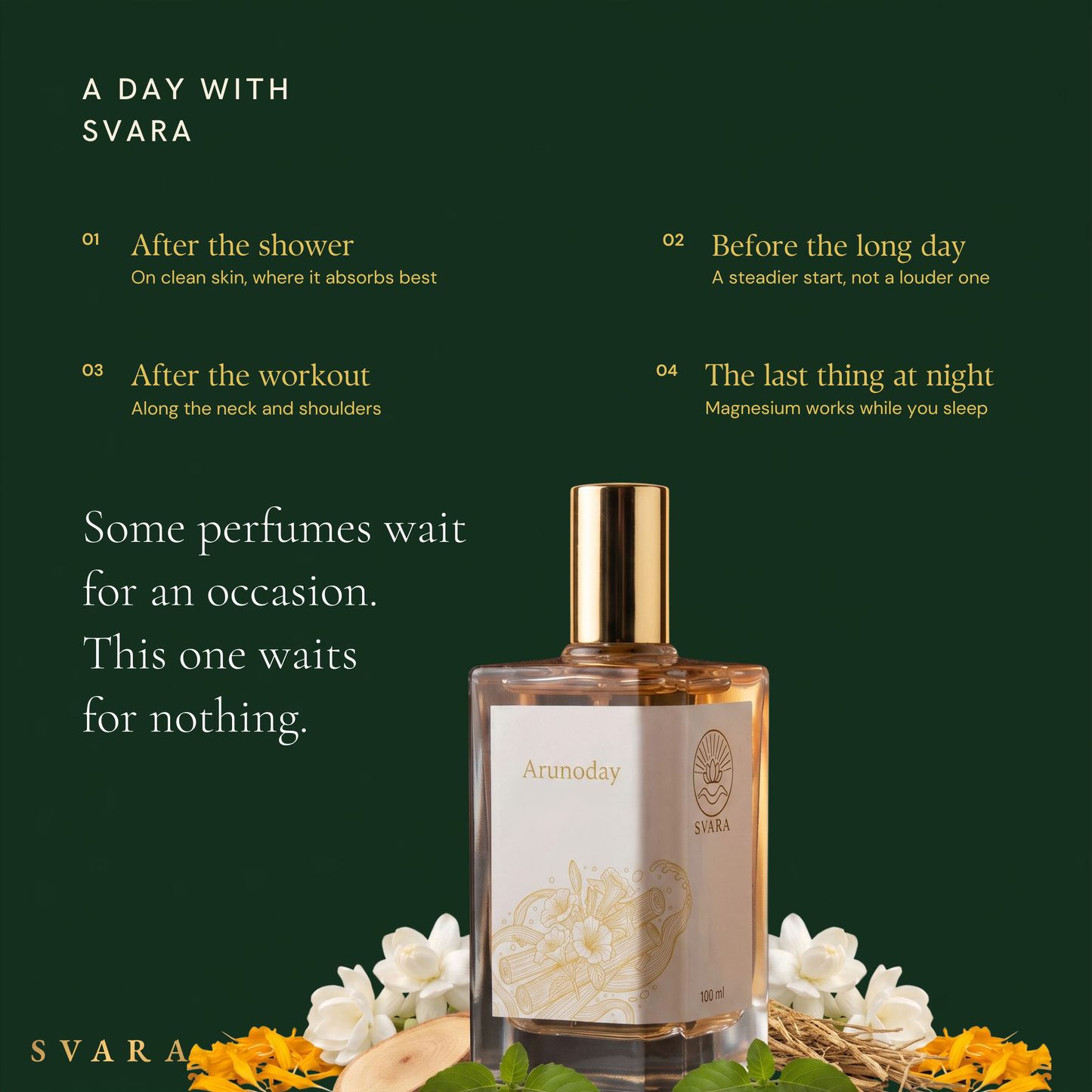Svara Arunodya daily ritual — alcohol free jasmine sandalwood perfume worn after shower, before work, post workout and at night, magnesium oil absorbs on clean skin, India