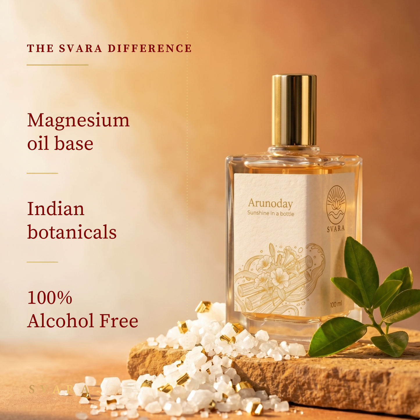 Svara Arunodya — magnesium oil base, Indian botanicals, 100% alcohol free perfume with jasmine sandalwood and vetiver, The Svara Difference, wellness fragrance India