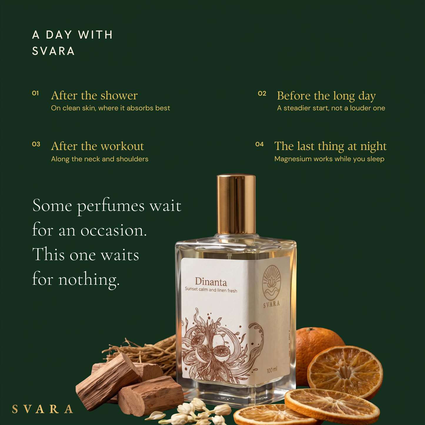 Svara Dinanta daily ritual — alcohol free citrus musk perfume for morning shower, long workdays, post workout neck and shoulders, and night recovery with magnesium oil, India