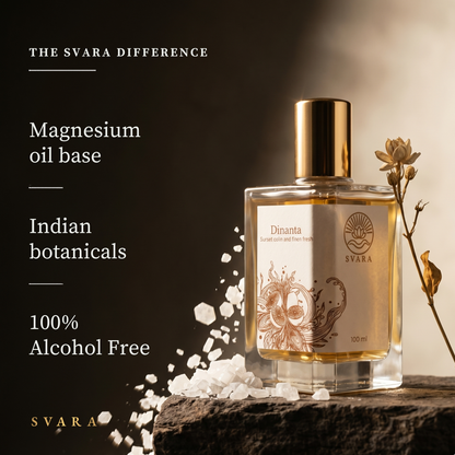 Svara Dinanta 100ml — magnesium oil base, Indian botanicals, 100% alcohol free citrus musk perfume with bergamot and vetiver, The Svara Difference, wellness fragrance India