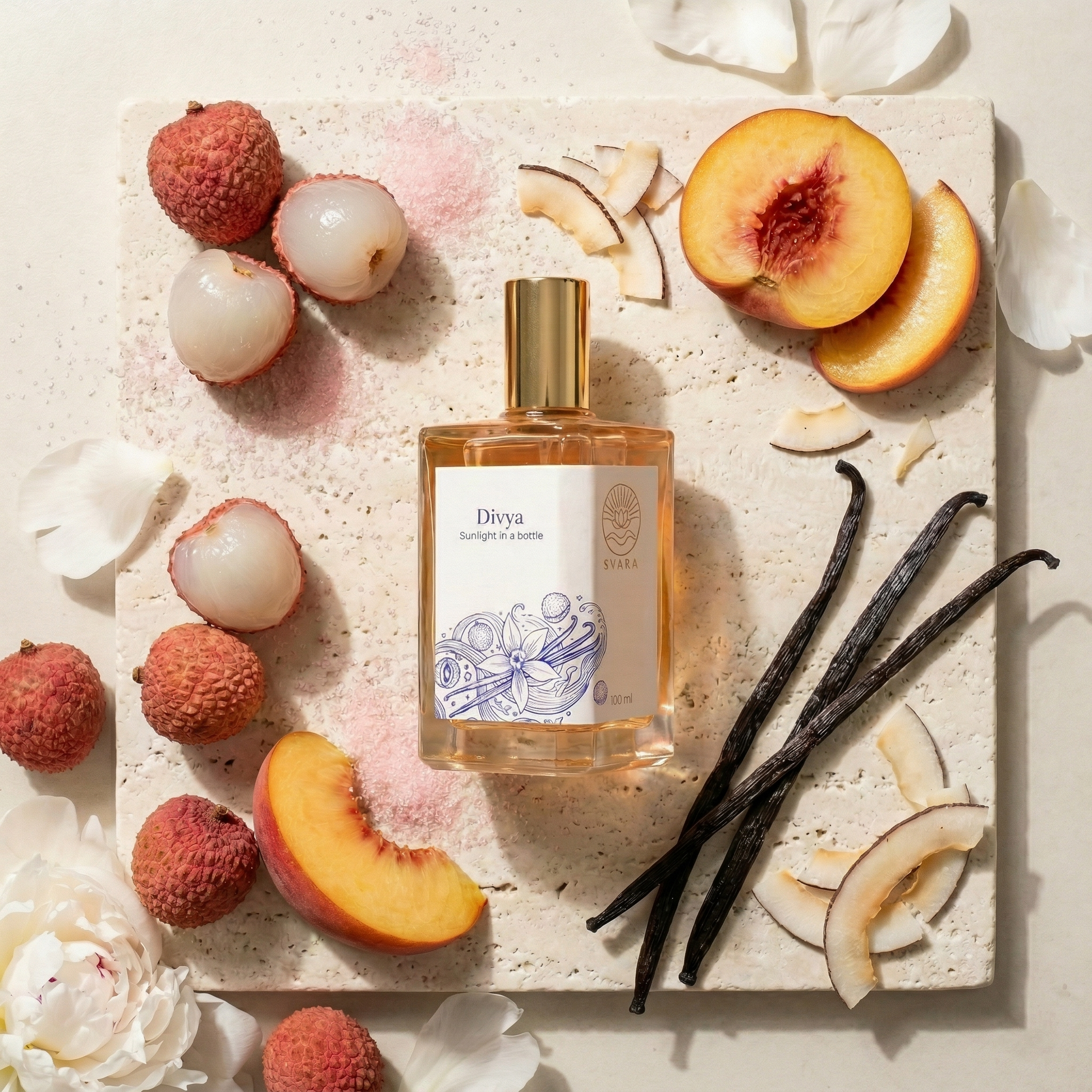 Svara Divya alcohol free perfume India – sun-kissed sweet feminine fragrance with coconut and sandalwood