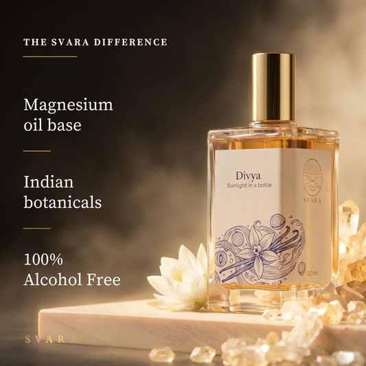 Svara Divya — magnesium oil base, Indian botanicals, 100% alcohol free vanilla lychee perfume with peach white peony and sandalwood, The Svara Difference, India