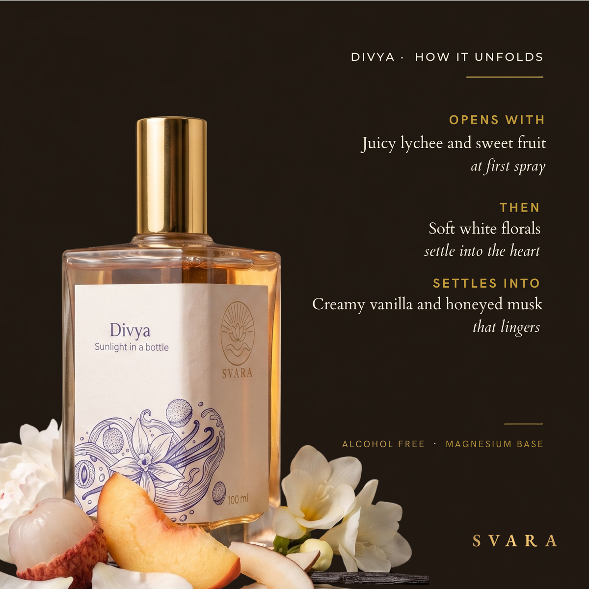 Svara Divya how it unfolds — opens with juicy lychee and sweet fruit, heart of soft white florals, settles into creamy vanilla and honeyed musk; alcohol free magnesium base perfume India