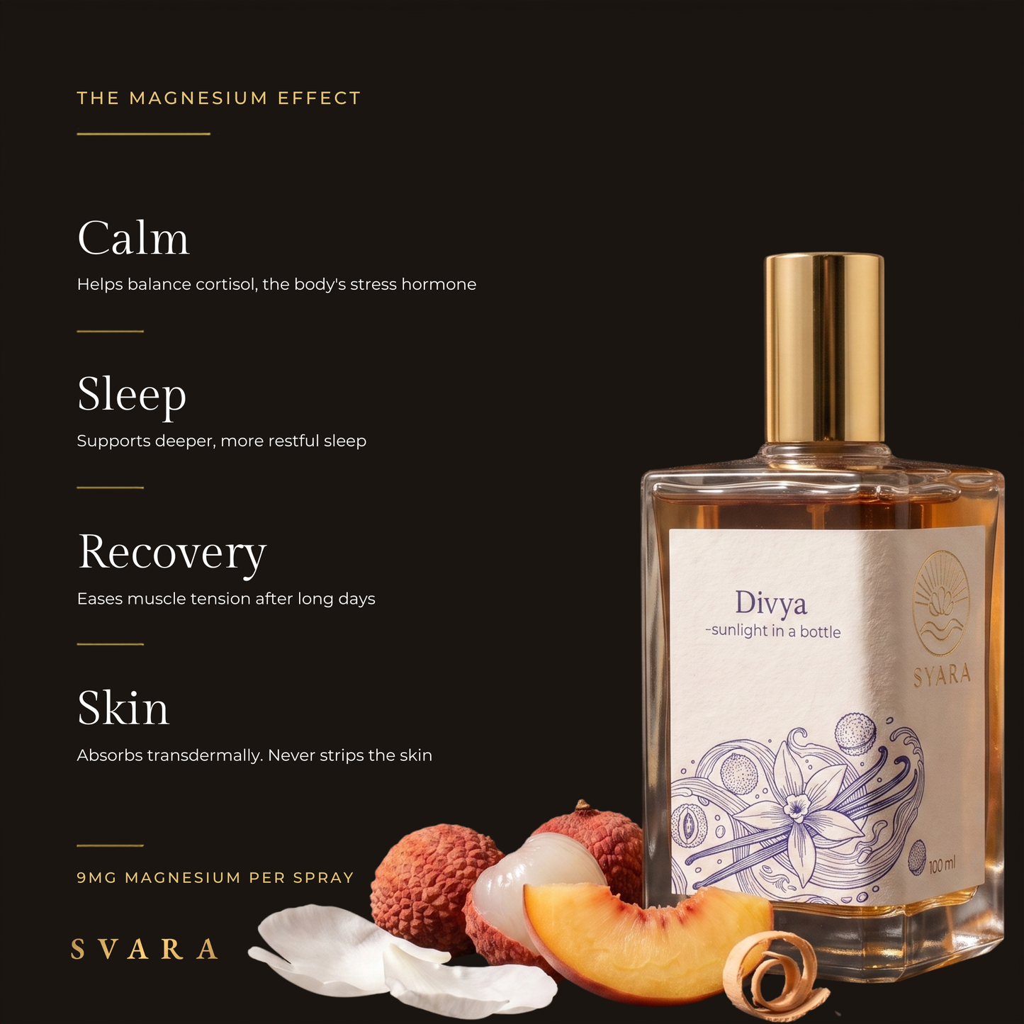 Svara Divya magnesium oil effect — 9mg magnesium per spray supports calm nervous system, deep sleep, post-workout recovery, skin safe transdermal vanilla lychee perfume India