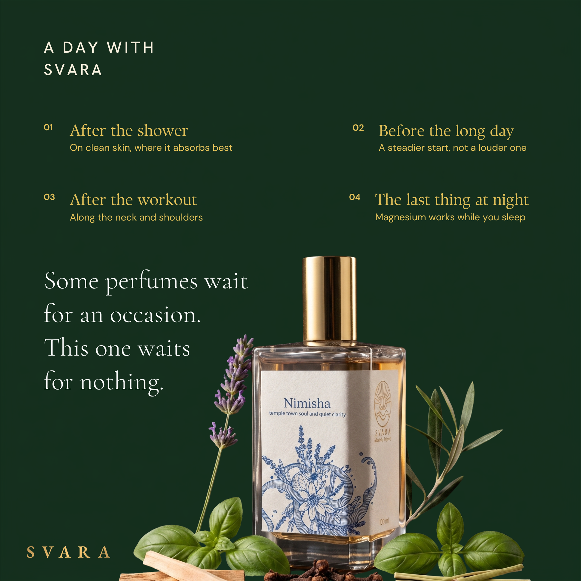 Svara Nimisha daily ritual — alcohol free lavender sandalwood perfume after shower, before long day, post workout and bedtime, magnesium works while you sleep, India