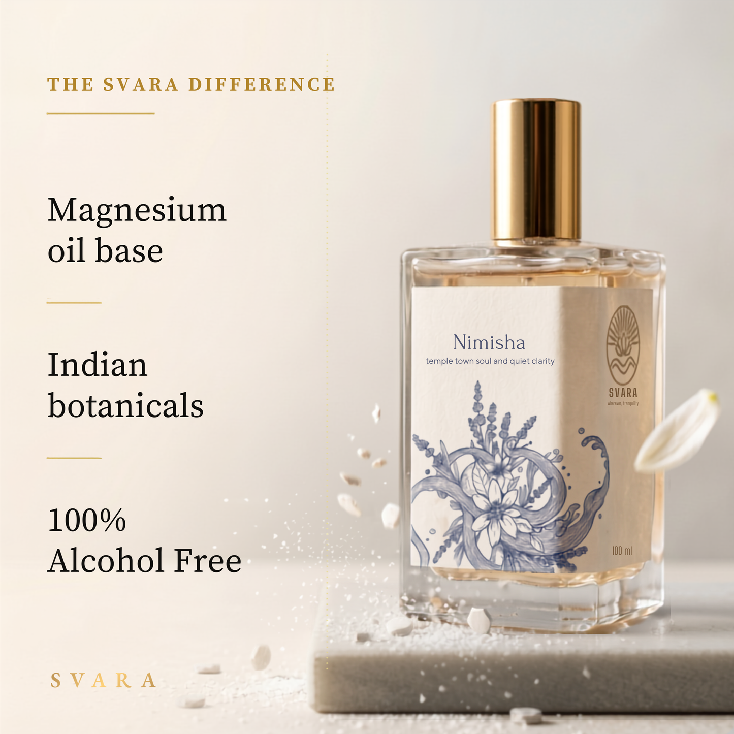 Svara Nimisha — magnesium oil base, Indian botanicals, 100% alcohol free lavender woody perfume with sandalwood clove and vetiver, The Svara Difference, India