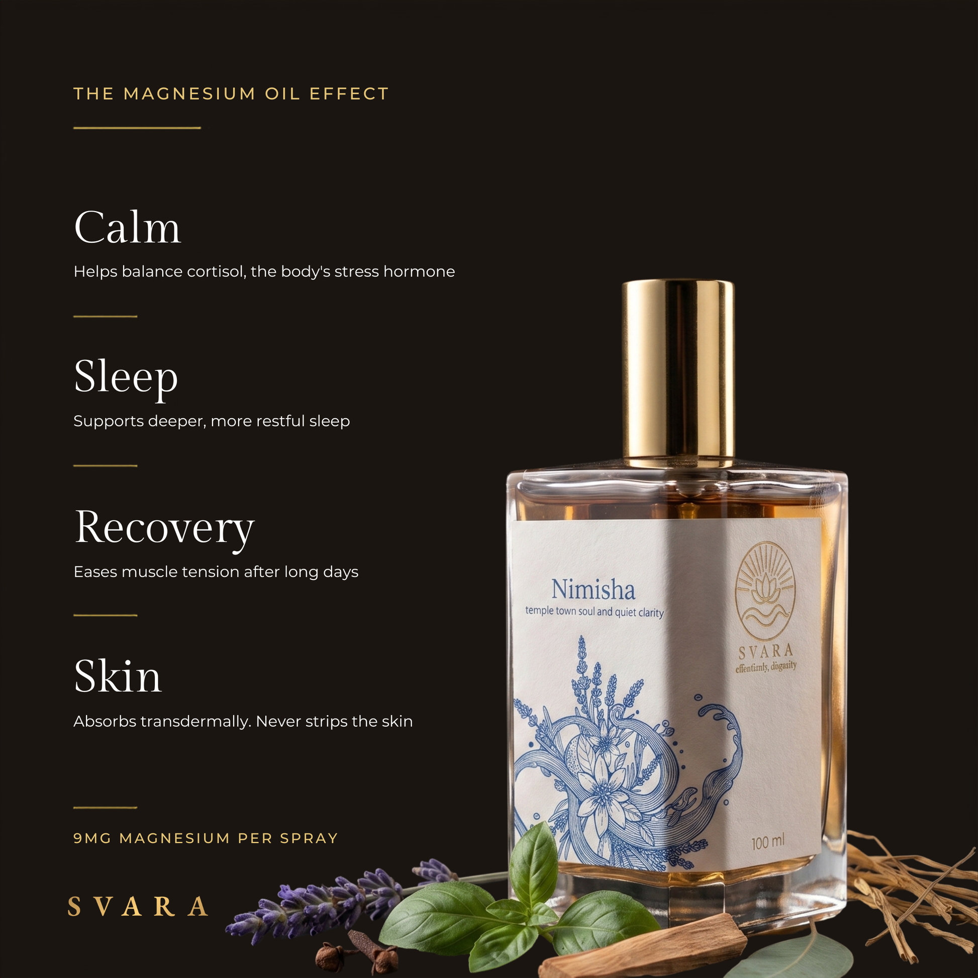 Svara Nimisha magnesium oil effect — 9mg magnesium per spray supports calm, deeper sleep, post-workout muscle recovery, absorbs transdermally on skin, lavender woody India
