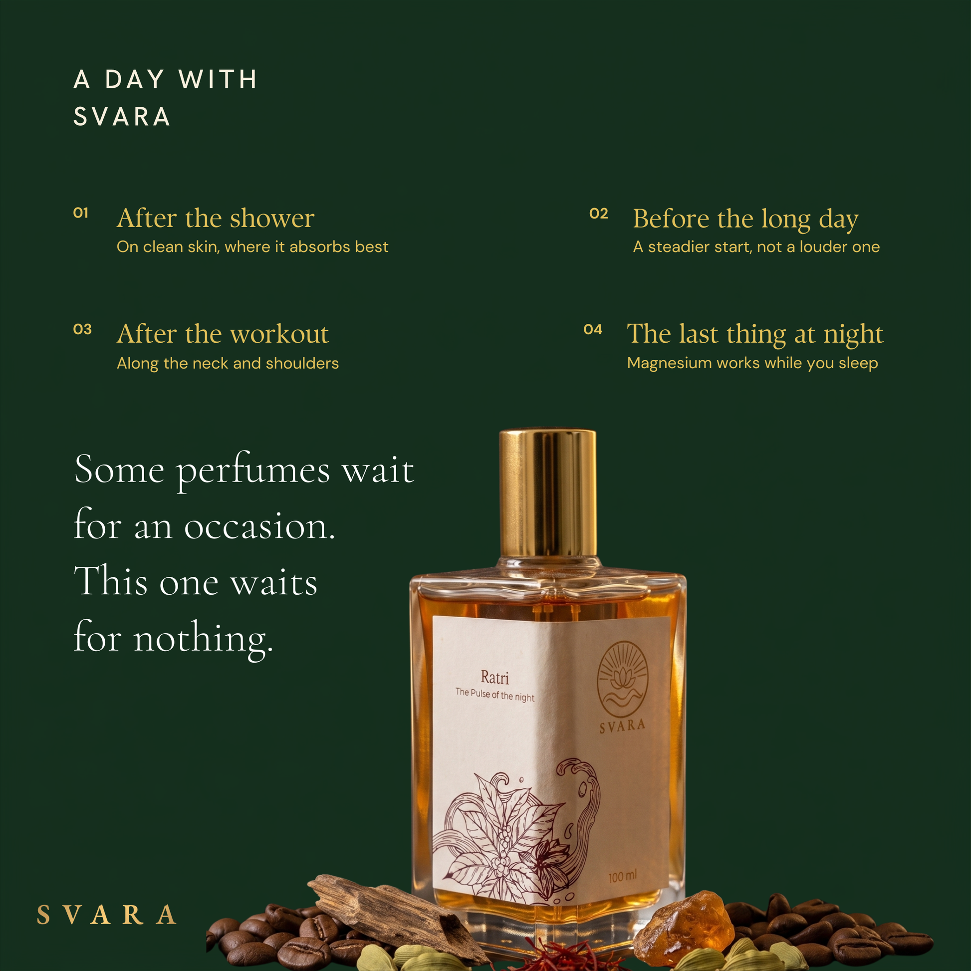  Svara Ratri daily ritual — alcohol free oud vanilla coffee perfume after shower, before long day, along neck and shoulders post workout, magnesium works while you sleep, India
