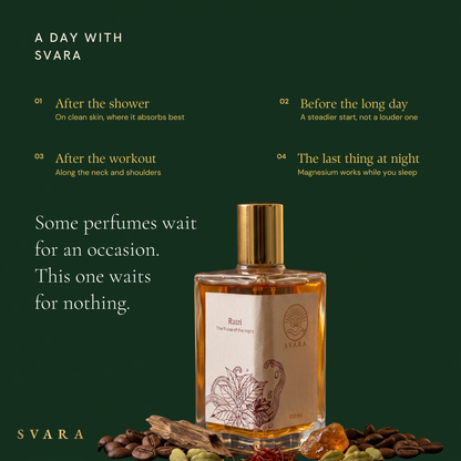  Svara Ratri daily ritual — alcohol free oud vanilla coffee perfume after shower, before long day, along neck and shoulders post workout, magnesium works while you sleep, India