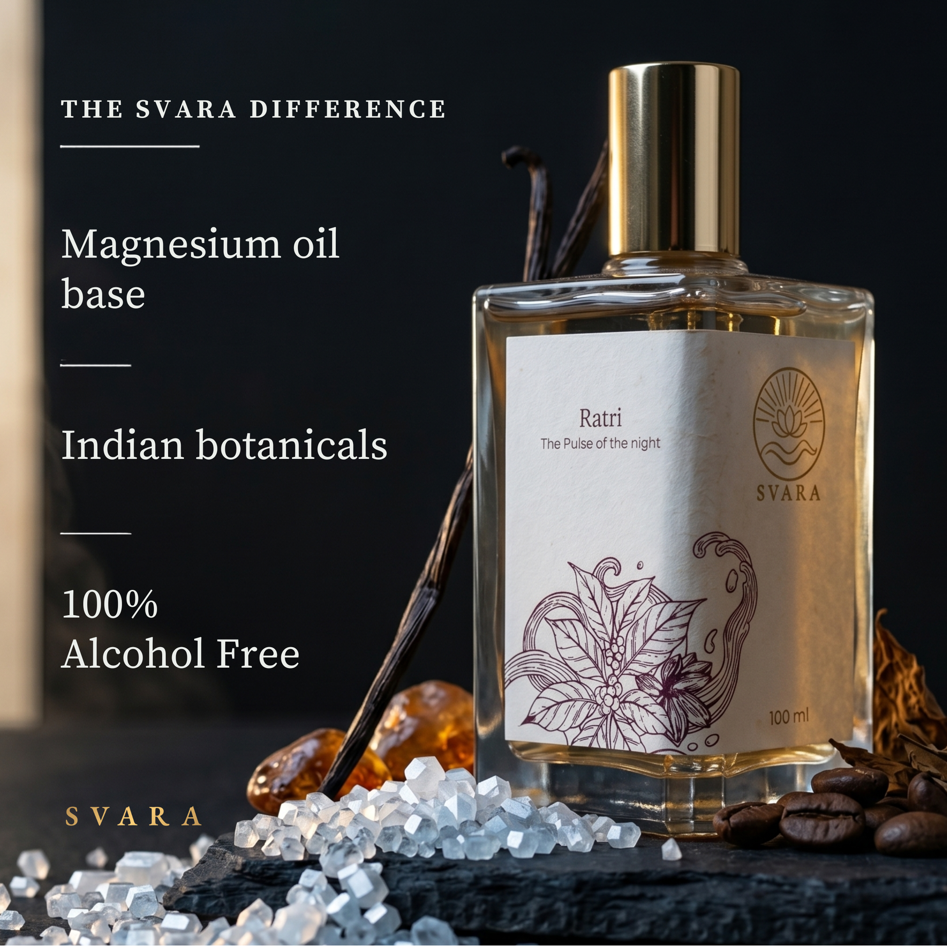 Svara Ratri — magnesium oil base, Indian botanicals, 100% alcohol free oud vanilla coffee perfume with saffron and dark amber, The Svara Difference, India