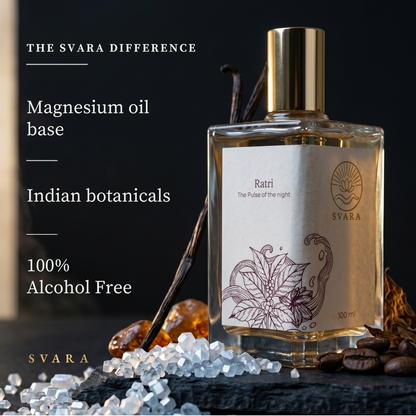 Svara Ratri — magnesium oil base, Indian botanicals, 100% alcohol free oud vanilla coffee perfume with saffron and dark amber, The Svara Difference, India