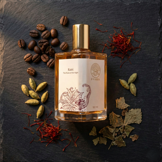 Svara Ratri night routine product India – dark oud cardamom saffron magnesium oil based perfume