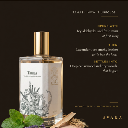 Svara Tamas how it unfolds — opens with icy aldehydes and fresh mint, heart of lavender over smoky leather, settles into deep cedarwood and dry woods; alcohol free woody perfume India