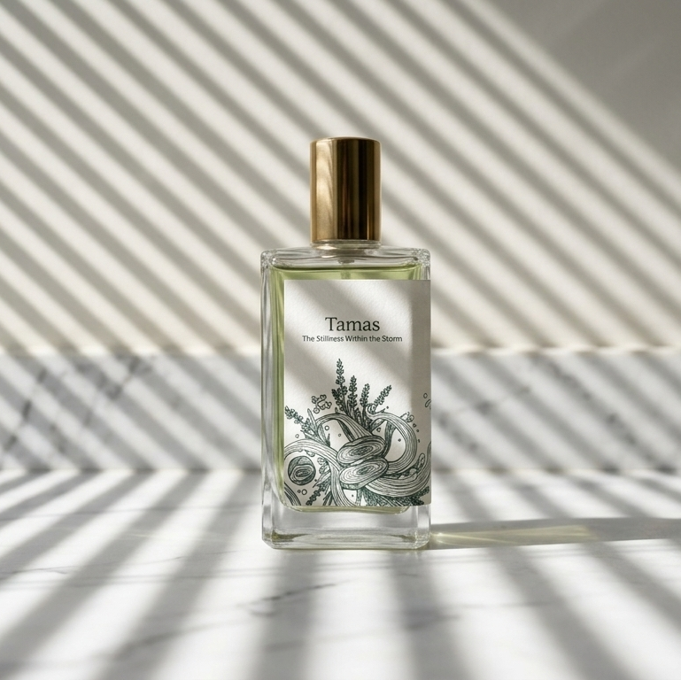 Minimalist product shot of Tamas perfume bottle on a marble surface with dramatic venetian blind shadows, highlighting the "Stillness Within the Storm" tagline.