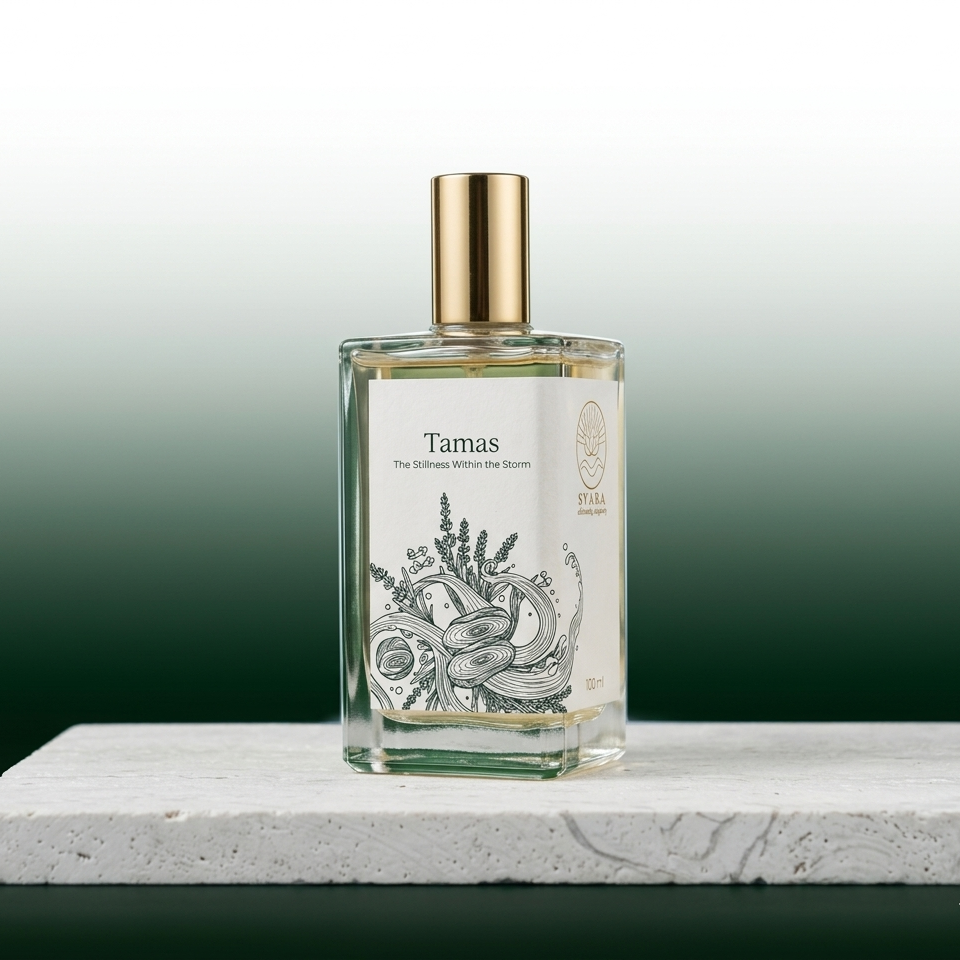 vara Tamas alcohol-free perfume bottle standing on a white stone pedestal against a deep green and white gradient background.