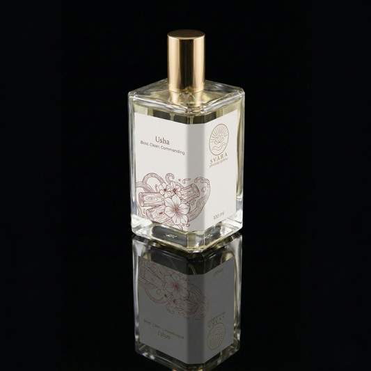 Svara Usha alcohol free perfume India – crisp metallic clean musk and leather chemical free fragrance