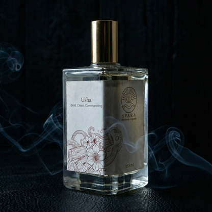 Svara Usha alcohol free perfume India – crisp metallic clean musk and leather chemical free fragrance