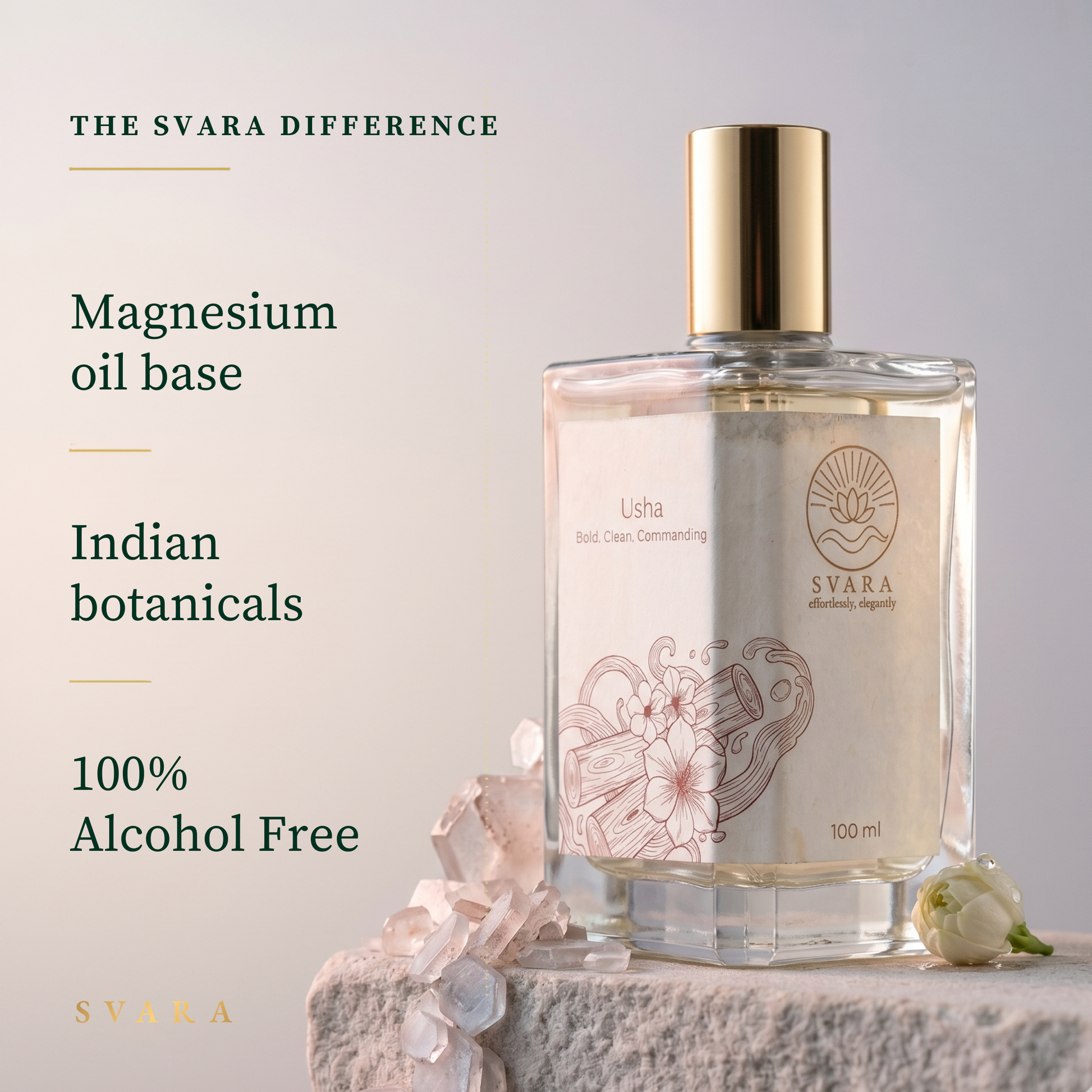 Svara Usha — magnesium oil base, Indian botanicals, 100% alcohol free white musk perfume with smoky woods and dry amber, The Svara Difference, wellness India