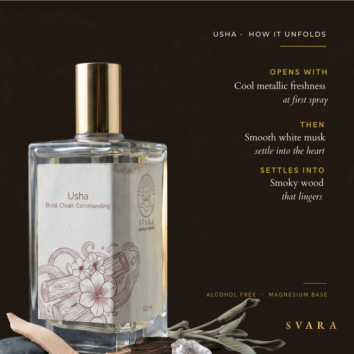 Svara Usha how it unfolds — opens with cool metallic freshness, heart of smooth white musk, base of smoky wood that lingers; bold commanding alcohol free magnesium perfume India