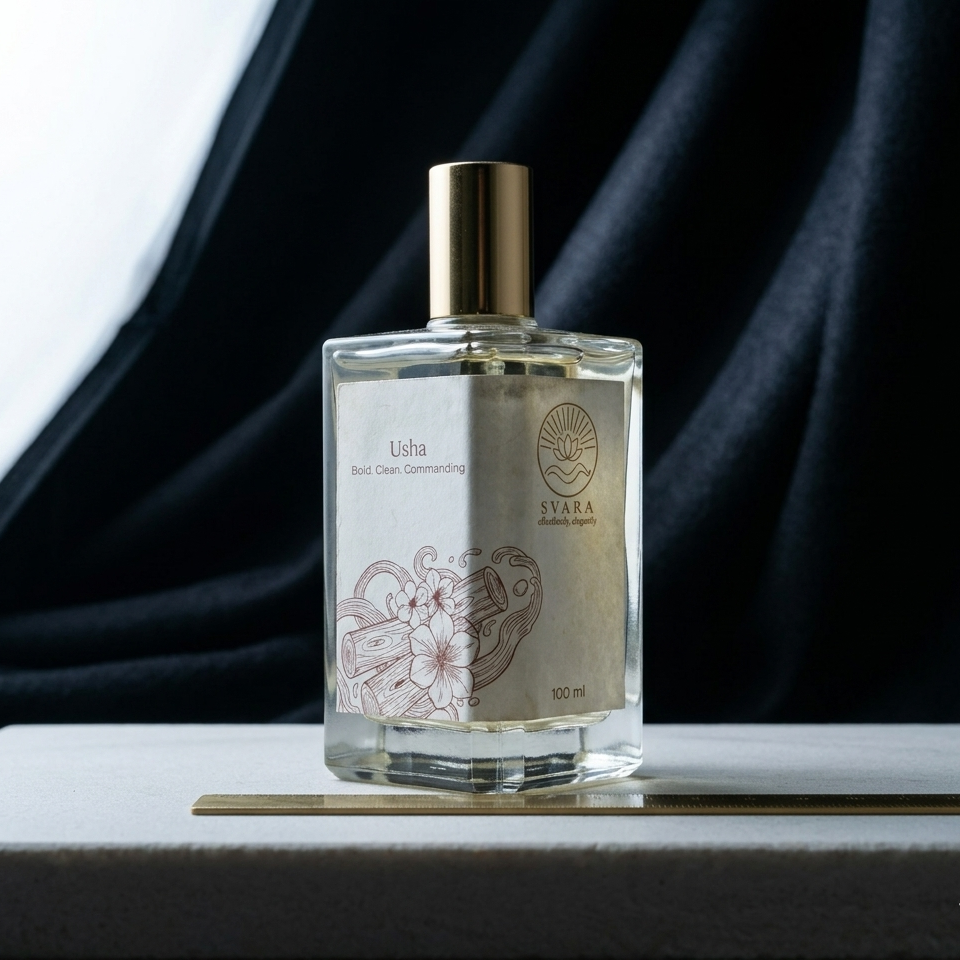 Studio product shot of Svara Usha 100ml perfume bottle with a gold cap against a draped black fabric background, highlighting the brand’s minimalist luxury aesthetic.