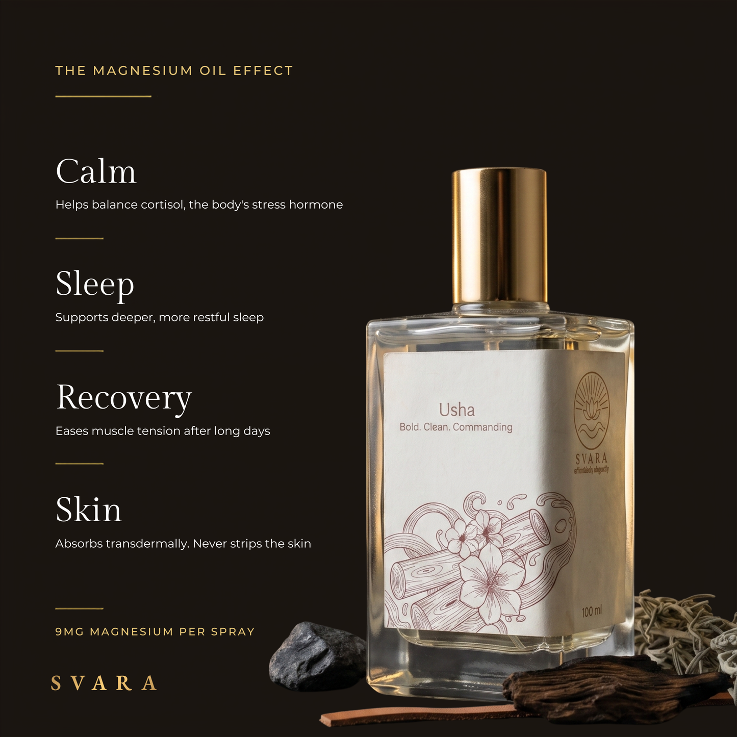 Svara Usha magnesium oil effect — 9mg transdermal magnesium per spray for stress relief, restful sleep, muscle recovery and skin safe daily wear, white musk perfume India