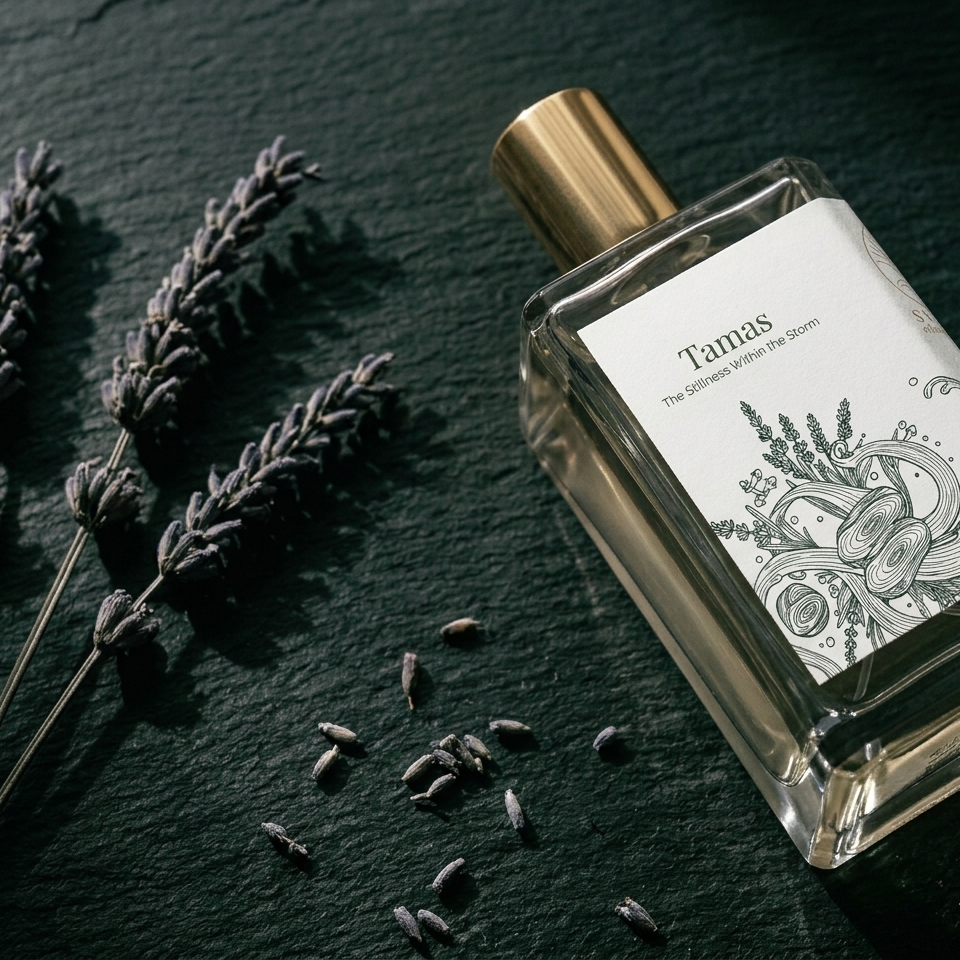Close-up of Tamas wellness perfume by Svara leaning against a dark slate background with sprigs of purple lavender and scattered seeds.