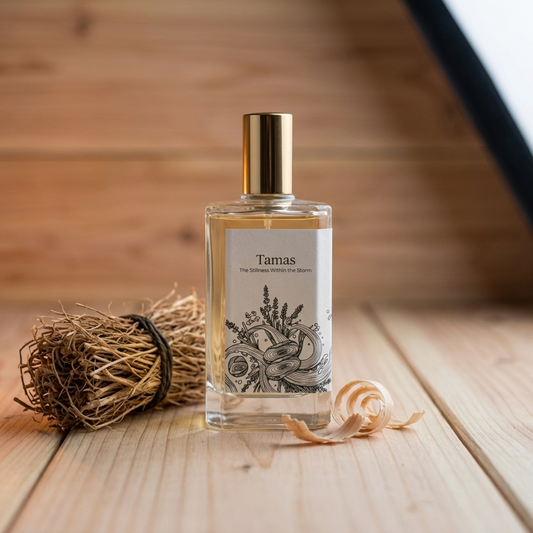 Tamas perfume bottle on a light wooden surface next to a bundle of dried vetiver roots and wood shavings, evoking a warm, earthy scent profile.